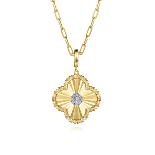 14K Yellow Gold Bujukan & Diamond Cut Diamond Clover Medallion Pendant With Detachable Bail