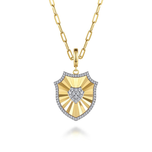 14K Yellow Gold Bujukan & Diamond Cut Diamond Shield Medallion Pendant