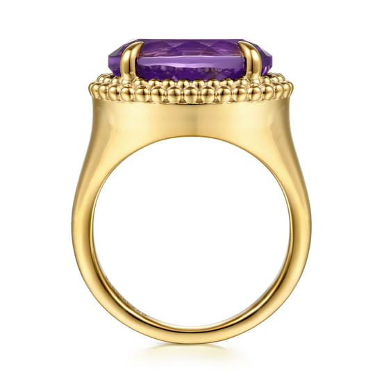 14K Yellow Gold Bujukan Amethyst Double Halo Signet Ring angle 2 14K Yellow Gold Bujukan Amethyst Double Halo Signet Ring angle 2