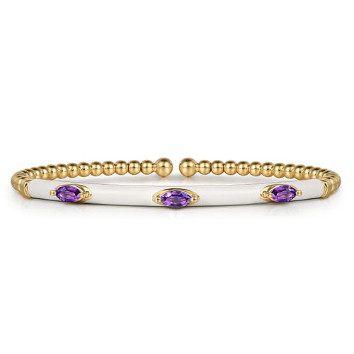 14K Yellow Gold Bujukan Amethyst Split Bangle with White Enamel