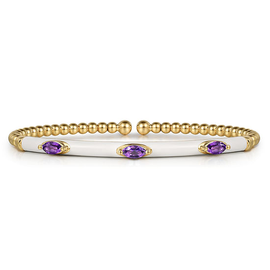 Gabriel - 14K Yellow Gold Bujukan Amethyst Split Bangle with White Enamel