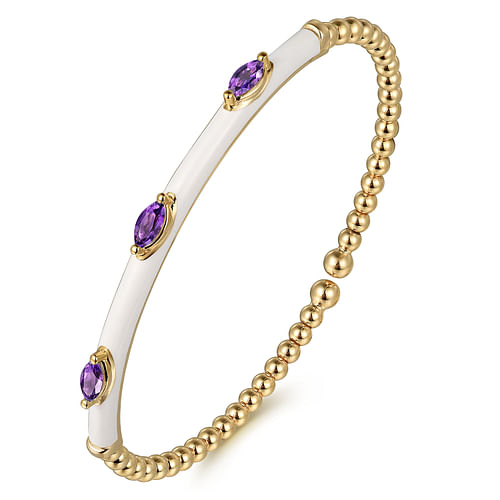 14K Yellow Gold Bujukan Amethyst Split Bangle with White Enamel