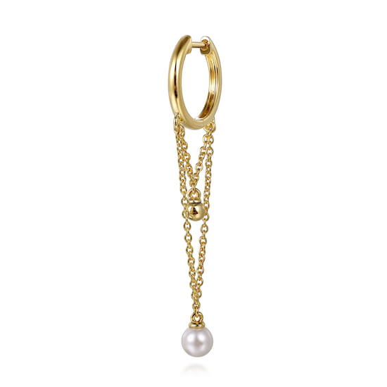 14K Yellow Gold Bujukan And Pearl Huggie Drop Earrings angle 3