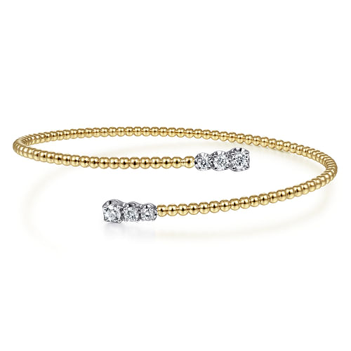 14K Yellow Gold Bujukan Bead Bypass Bangle with Graduating Diamond Caps