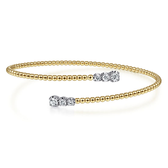 Gabriel - 14K Yellow Gold Bujukan Bead Bypass Bangle with Graduating Diamond Caps