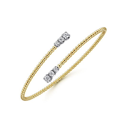 14K Yellow Gold Bujukan Bead Bypass Bangle with Graduating Diamond Caps