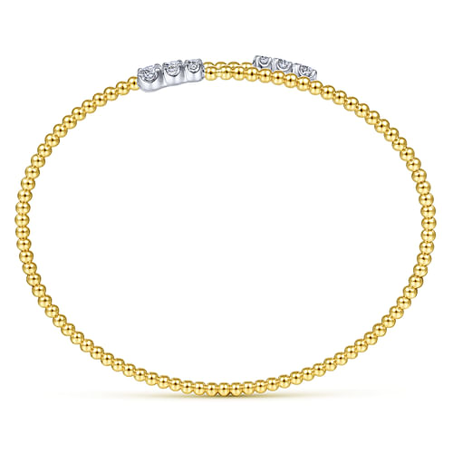 14K Yellow Gold Bujukan Bead Bypass Bangle with Graduating Diamond Caps