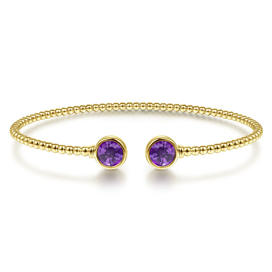 Gabriel - 14K Yellow Gold Bujukan Bead Cuff Bracelet with Bezel Set Round Amethyst