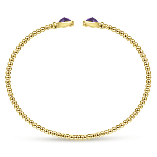 14K Yellow Gold Bujukan Bead Cuff Bracelet with Bezel Set Round Amethyst