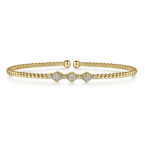 14K Yellow Gold Bujukan Bead Cuff Bracelet with Cluster Diamond Hexagon Stations
