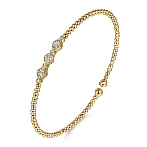 14K Yellow Gold Bujukan Bead Cuff Bracelet with Cluster Diamond Hexagon Stations