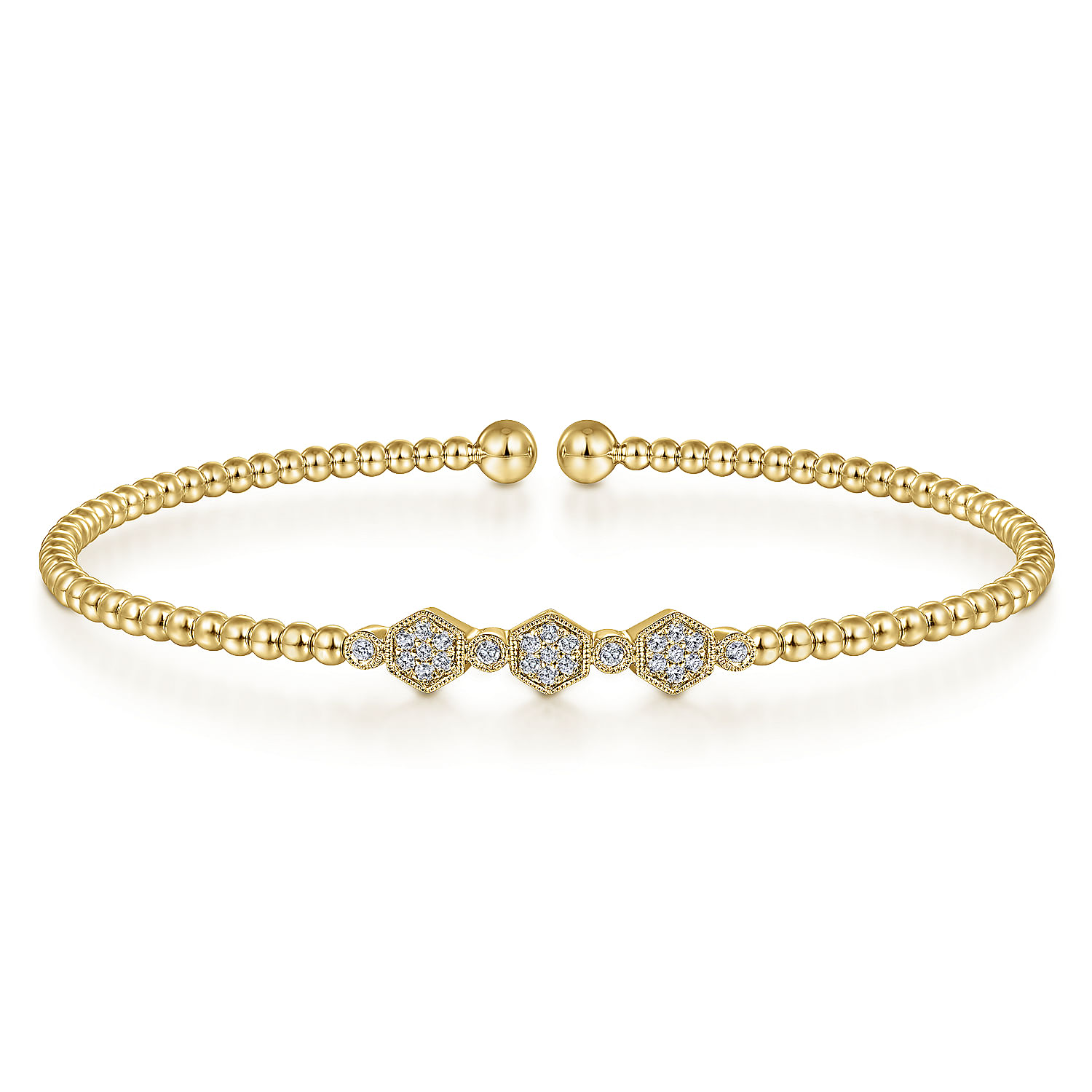 14K Yellow Gold Bujukan Bead Cuff Bracelet with Cluster Diamond Hexagon Stations