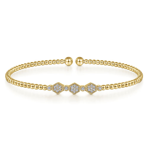 14K Yellow Gold Bujukan Bead Cuff Bracelet with Cluster Diamond Hexagon Stations