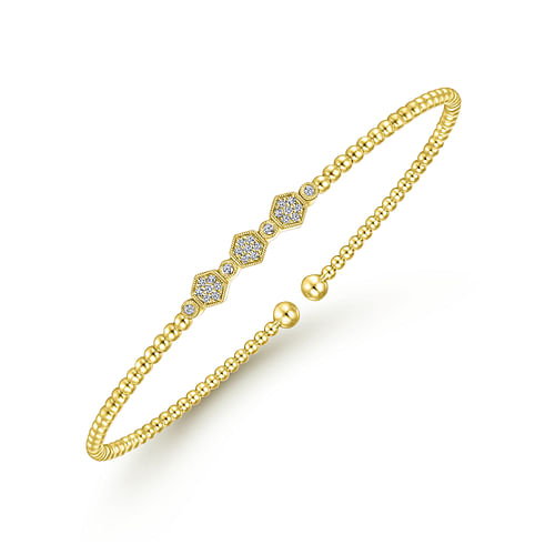 14K Yellow Gold Bujukan Bead Cuff Bracelet with Cluster Diamond Hexagon Stations