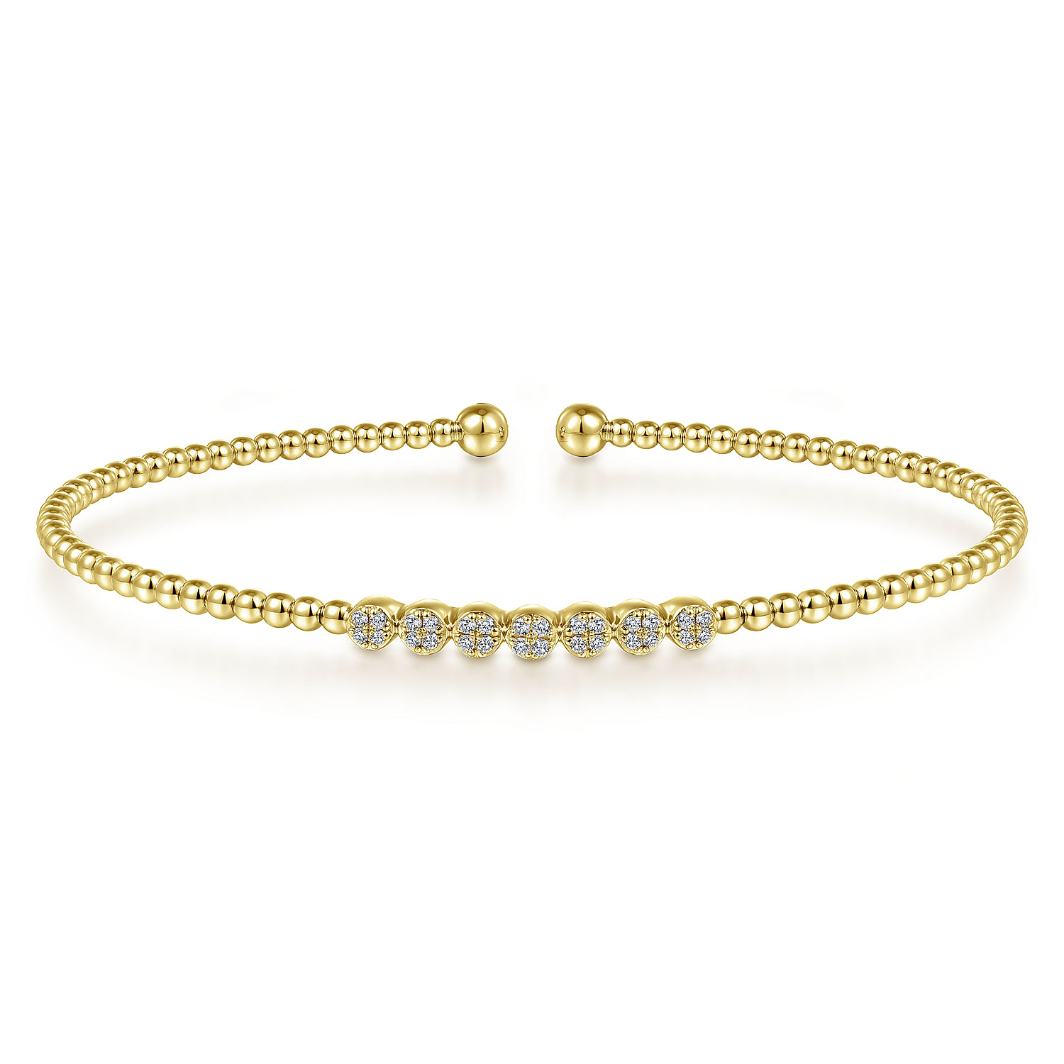14K Yellow Gold Bujukan Bead Cuff Bracelet with Cluster Diamond Stations