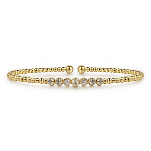 14K Yellow Gold Bujukan Bead Cuff Bracelet with Cluster Diamond Stations