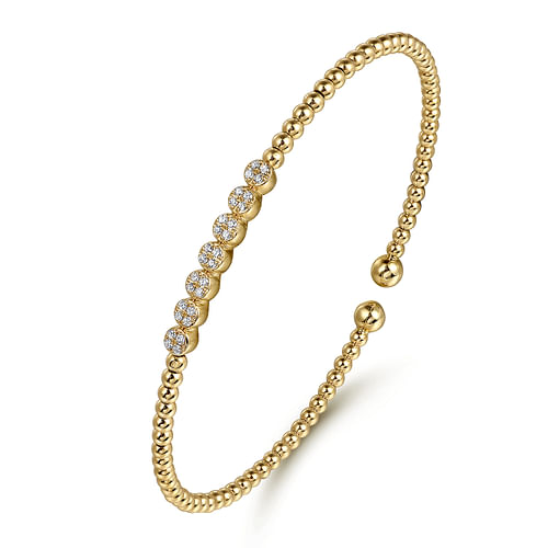 14K Yellow Gold Bujukan Bead Cuff Bracelet with Cluster Diamond Stations