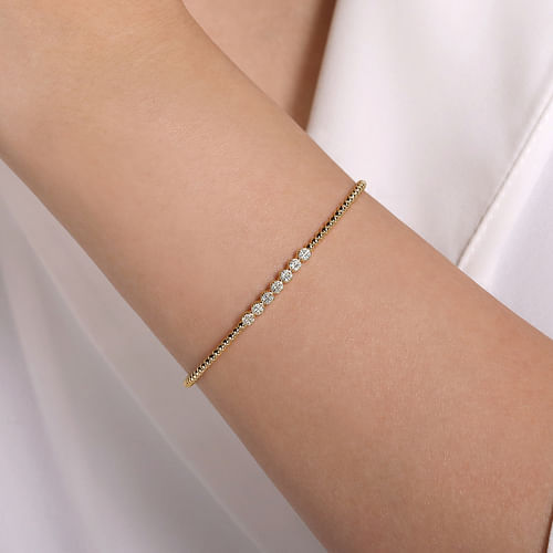 14K Yellow Gold Bujukan Bead Cuff Bracelet with Cluster Diamond Stations