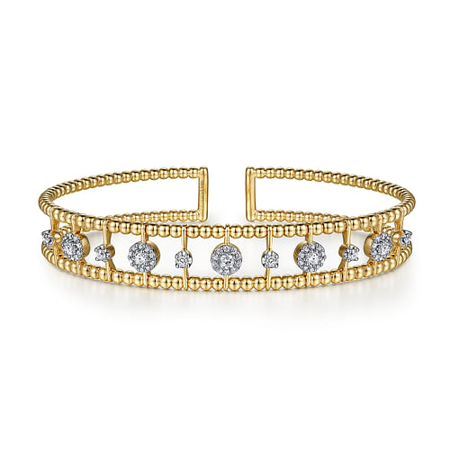 14K Yellow Gold Bujukan Bead Cuff Bracelet with Diamond Cluster and Bezel Connectors