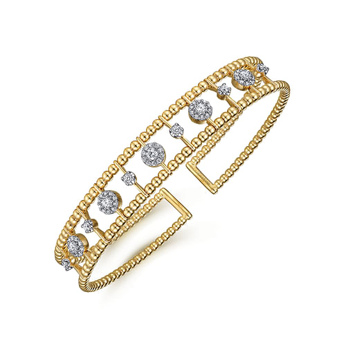 14K Yellow Gold Bujukan Bead Cuff Bracelet with Diamond Cluster and Bezel Connectors