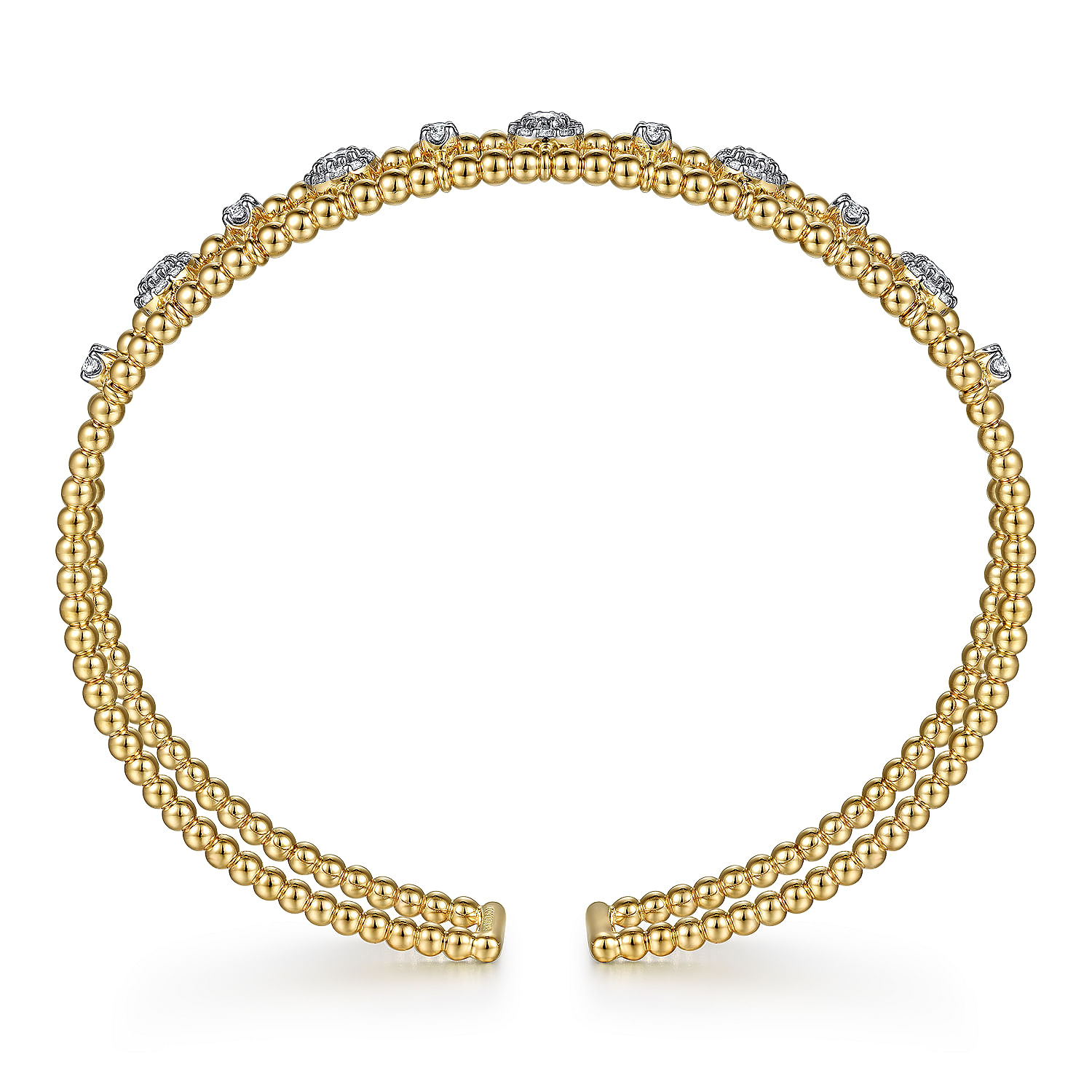 14K Yellow Gold Bujukan Bead Cuff Bracelet with Diamond Cluster and Bezel Connectors