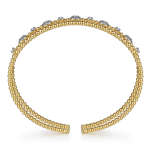 14K Yellow Gold Bujukan Bead Cuff Bracelet with Diamond Cluster and Bezel Connectors