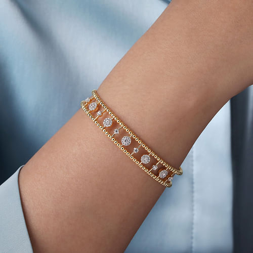 14K Yellow Gold Bujukan Bead Cuff Bracelet with Diamond Cluster and Bezel Connectors