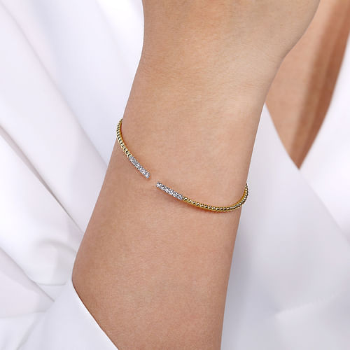 14K Yellow Gold Bujukan Bead Cuff Bracelet with Diamond Pavé Bars