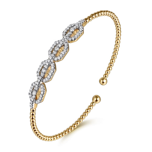 14K Yellow Gold Bujukan Bead Cuff Bracelet with Diamond Pav¿ª Links