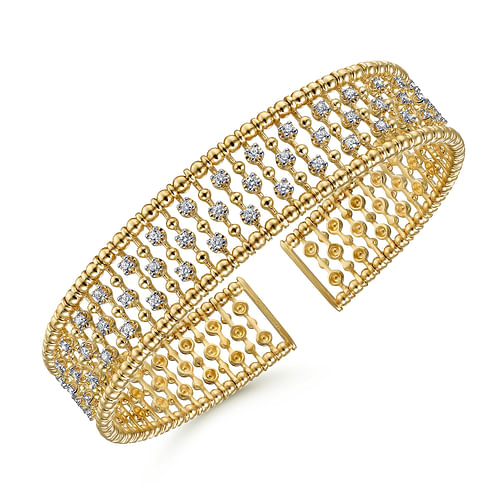 14K Yellow Gold Bujukan Bead Cuff Bracelet with Diamond Stations