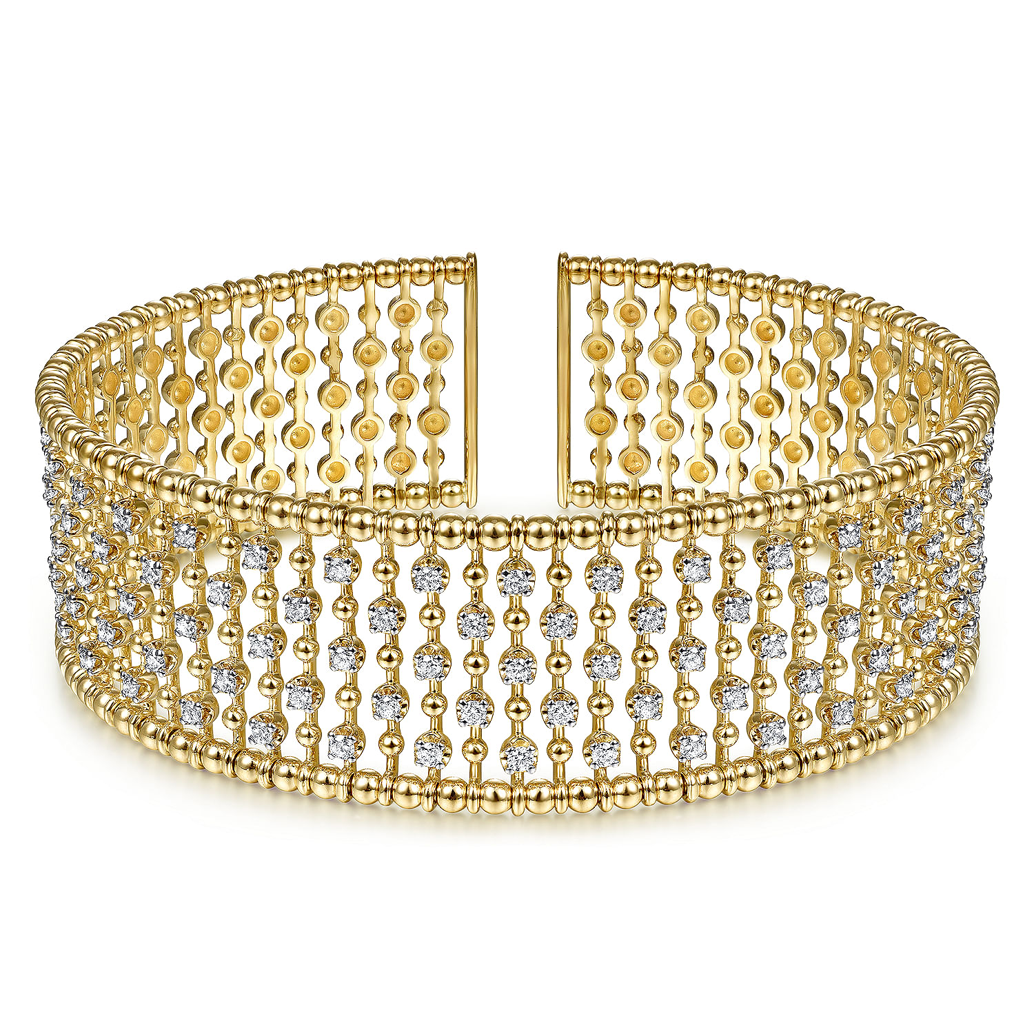 14K Yellow Gold Bujukan Bead Cuff Bracelet with Diamond Stations