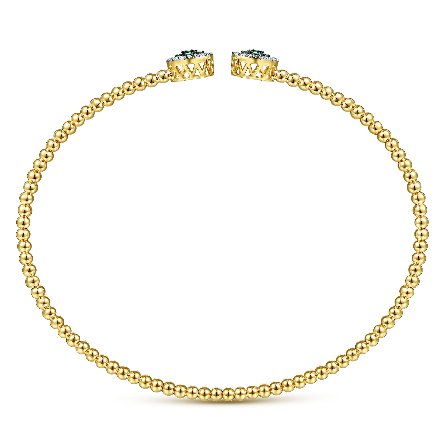 14K Yellow Gold Bujukan Bead Cuff Bracelet with Emerald and Diamond Halo Caps