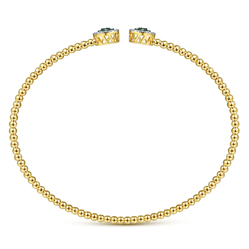 14K Yellow Gold Bujukan Bead Cuff Bracelet with Emerald and Diamond Halo Caps