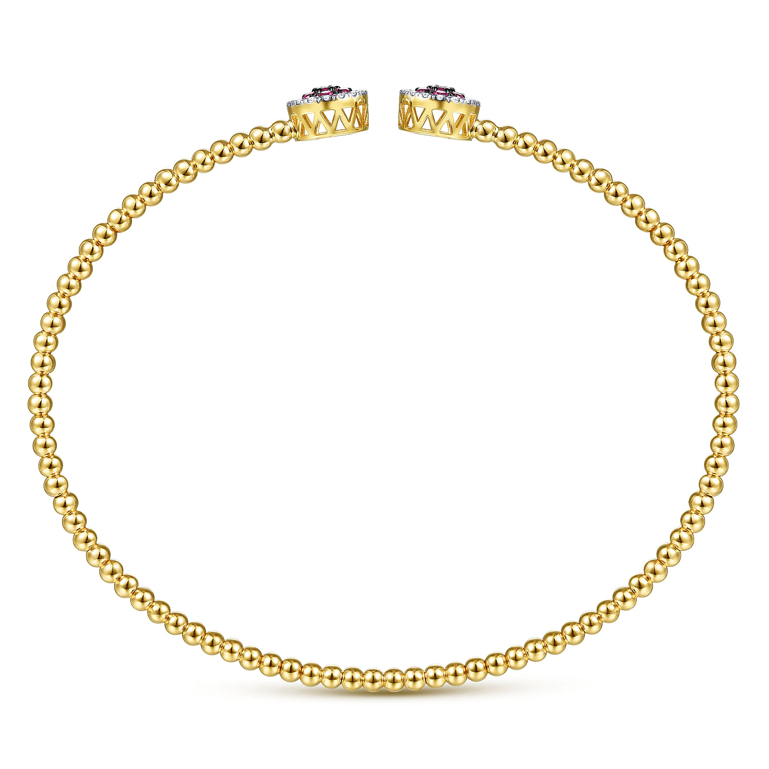 14K Yellow Gold Bujukan Bead Cuff Bracelet with Ruby and Diamond Halo Caps