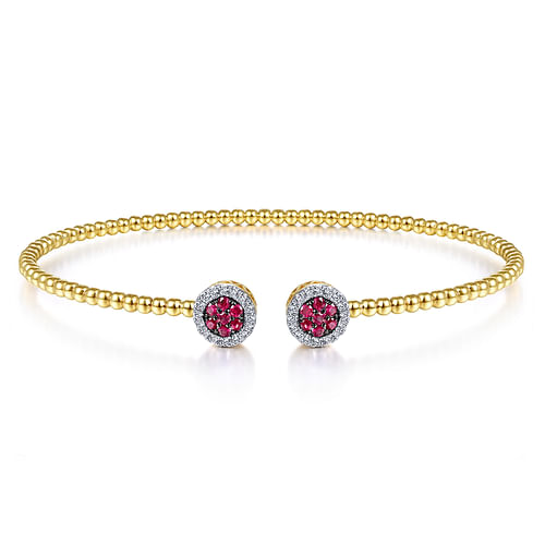 14K Yellow Gold Bujukan Bead Cuff Bracelet with Ruby and Diamond Halo Caps