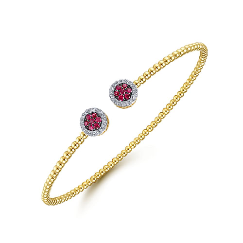 14K Yellow Gold Bujukan Bead Cuff Bracelet with Ruby and Diamond Halo Caps