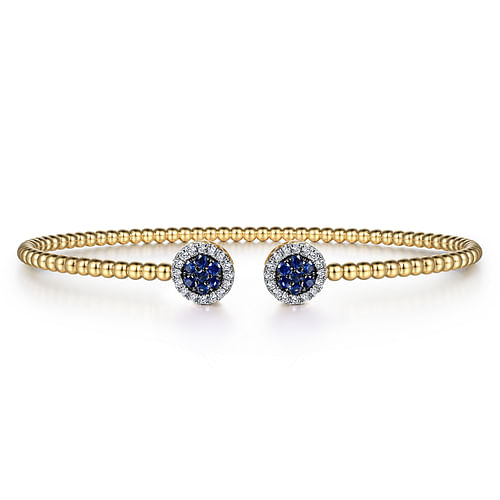 14K Yellow Gold Bujukan Bead Cuff Bracelet with Sapphire and Diamond Halo Caps