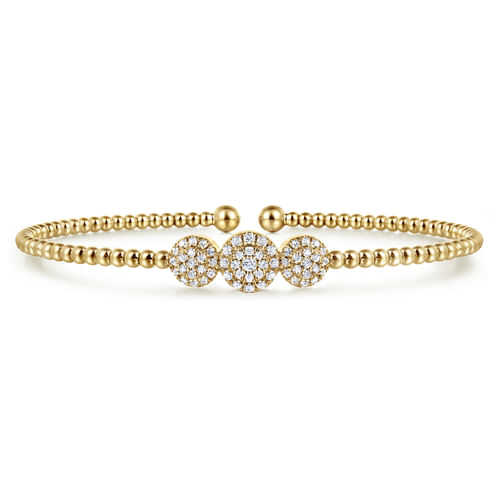 14K Yellow Gold Bujukan Bead Cuff Bracelet with Three Pavé Diamond Stations