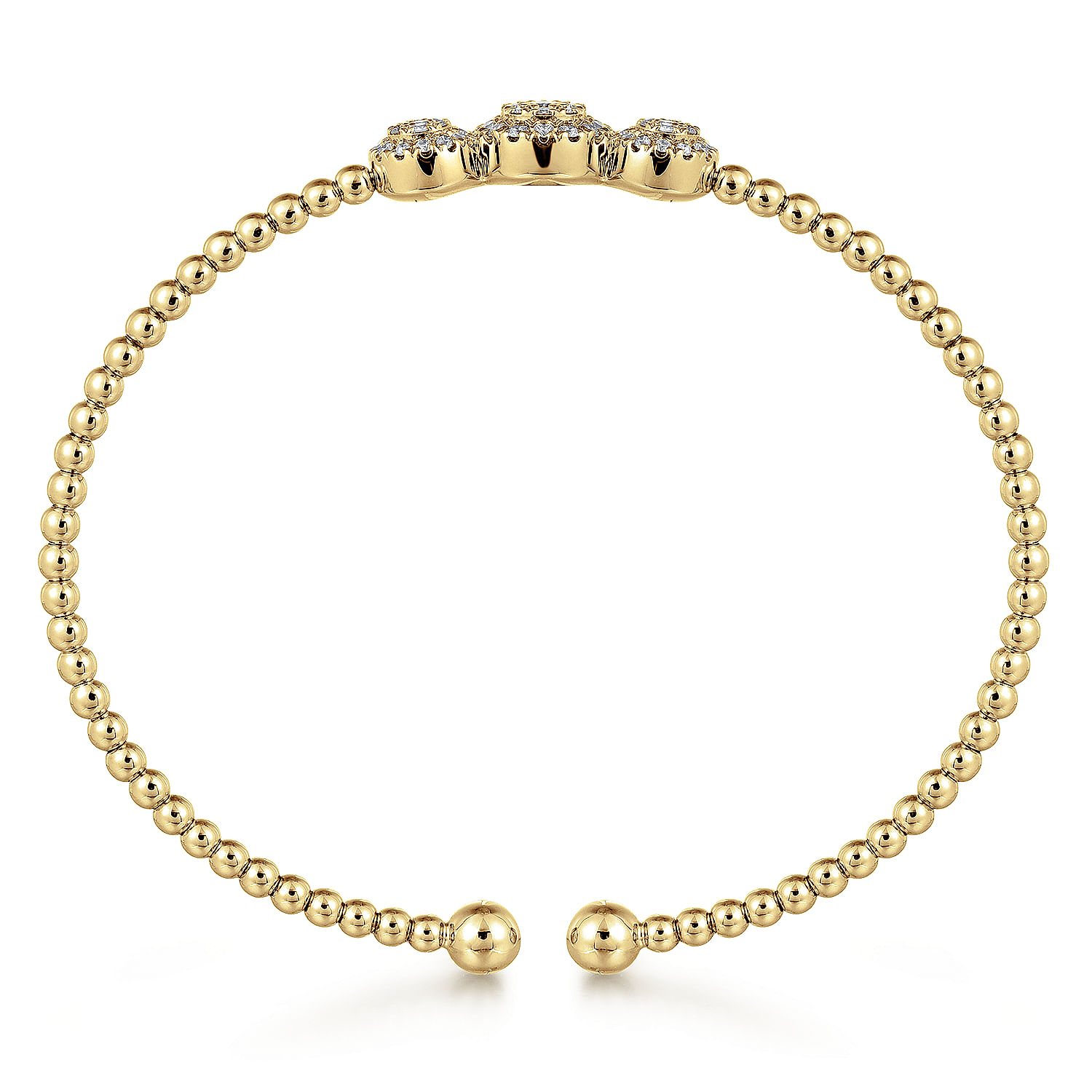 14K Yellow Gold Bujukan Bead Cuff Bracelet with Three Pavé Diamond Stations