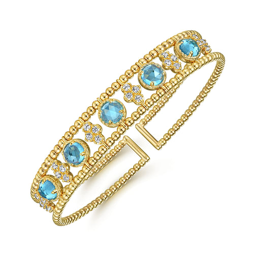 14K Yellow Gold Bujukan Bead Diamond and Blue Topaz Cuff Bracelet 