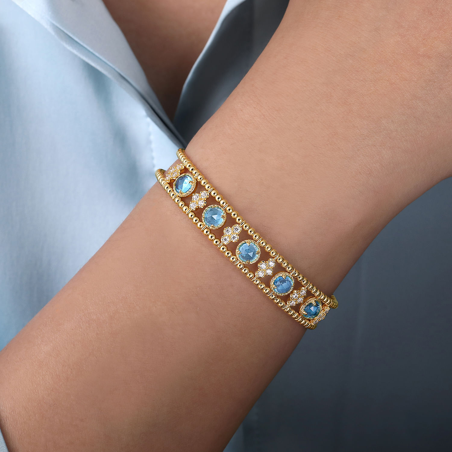 14K Yellow Gold Bujukan Bead Diamond and Blue Topaz Cuff Bracelet 
