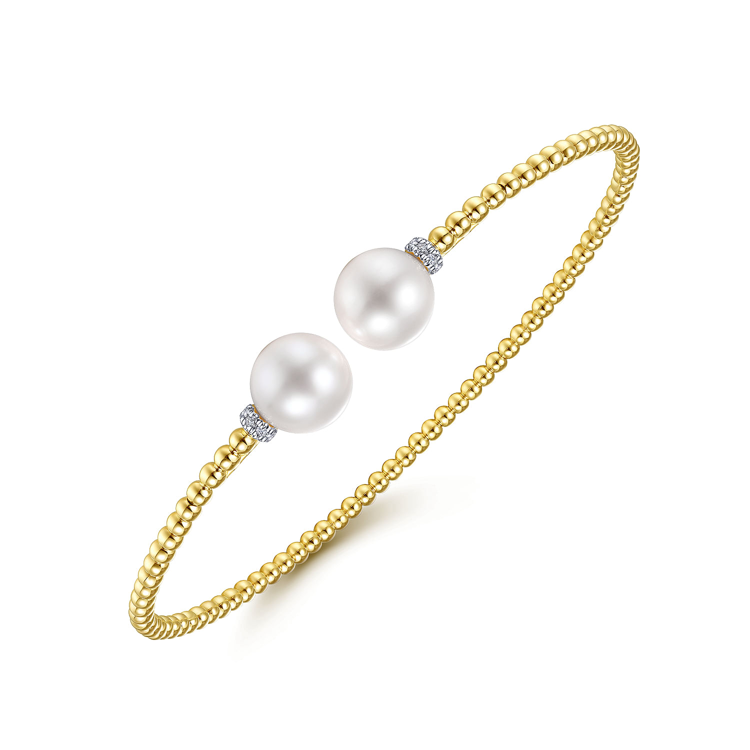 14K Yellow Gold Bujukan Bead Split Bracelet with Pearl and Diamond Caps