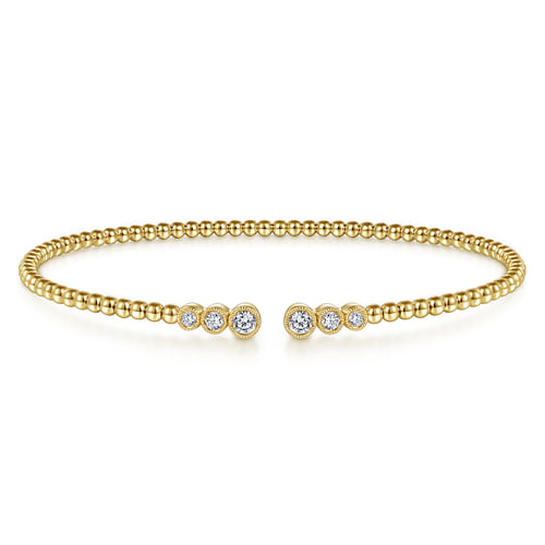 14K Yellow Gold Bujukan Bead Split Cuff Bracelet with Bezel Set Diamonds