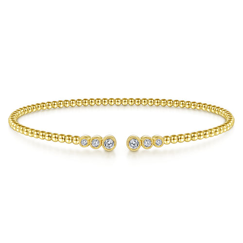 14K Yellow Gold Bujukan Bead Split Cuff Bracelet with Bezel Set Diamonds