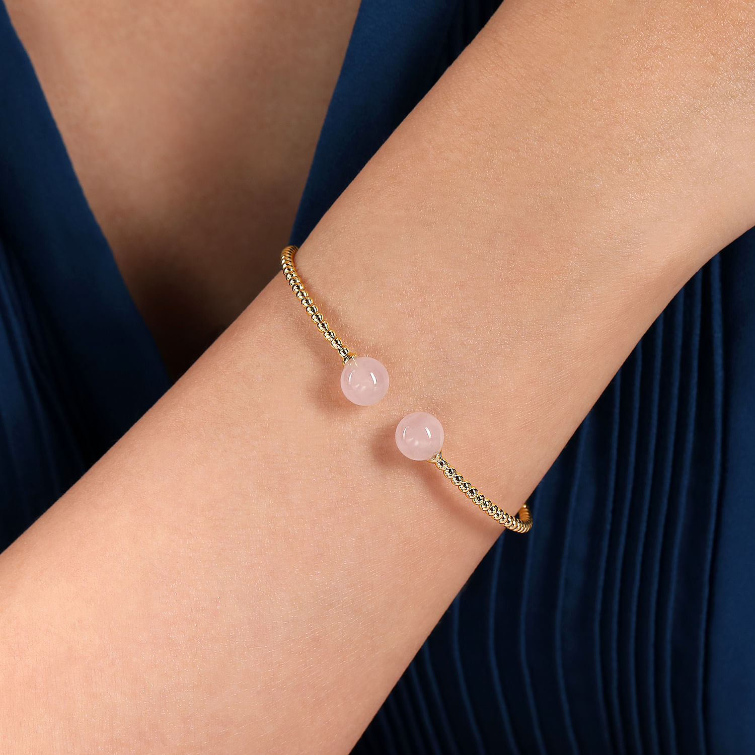 14K Yellow Gold Bujukan Bead Split Cuff Bracelet with Pink Quartz Beads