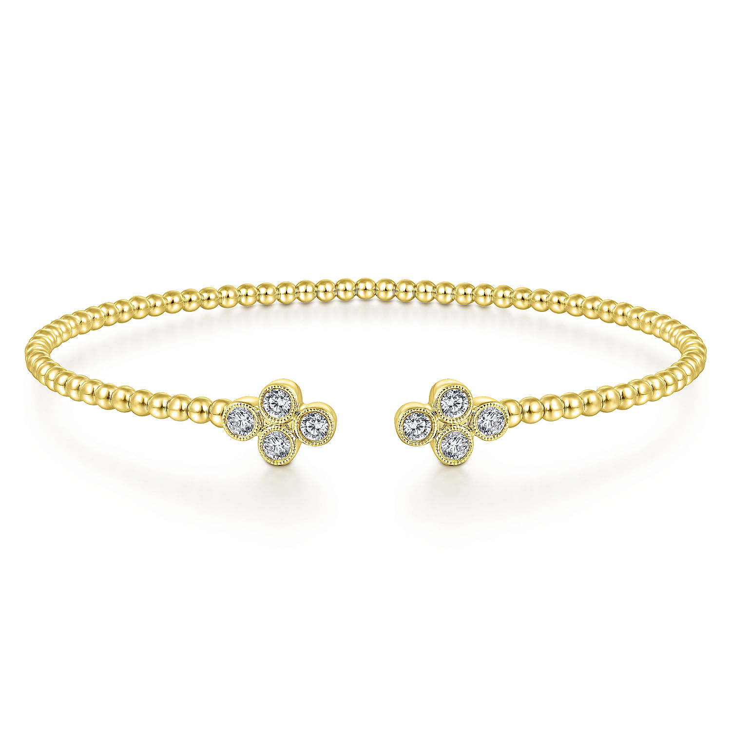 14K Yellow Gold Bujukan Bead Split Cuff Bracelet with Quatrefoil Diamond Endcaps