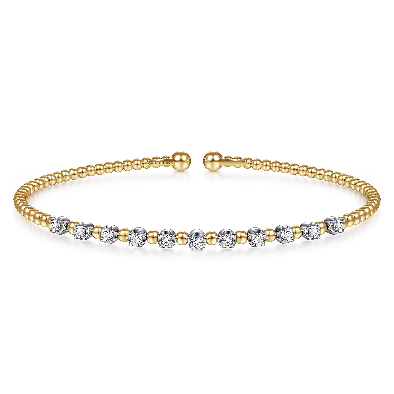 14K Yellow Gold Bujukan Bead Split Cuff Bracelet with Round White Gold Diamond Stations