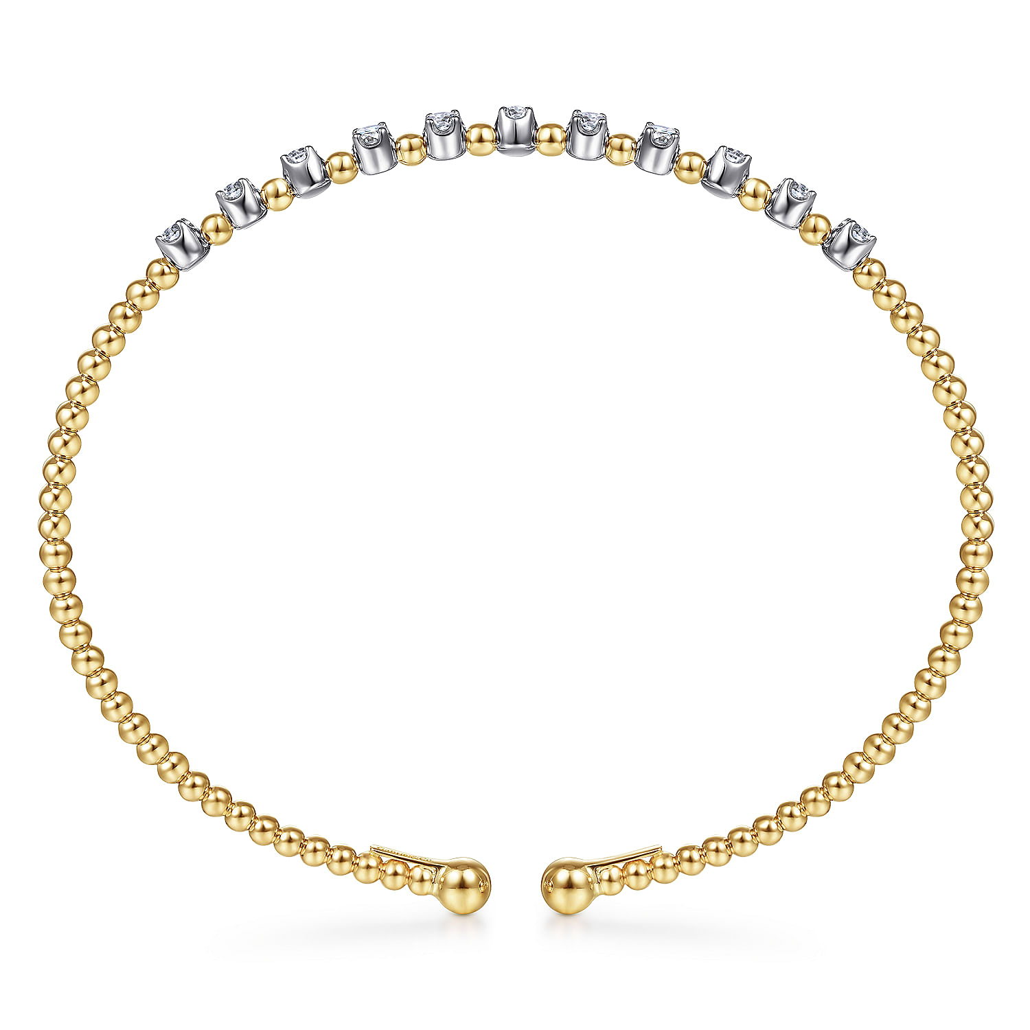 14K Yellow Gold Bujukan Bead Split Cuff Bracelet with Round White Gold Diamond Stations