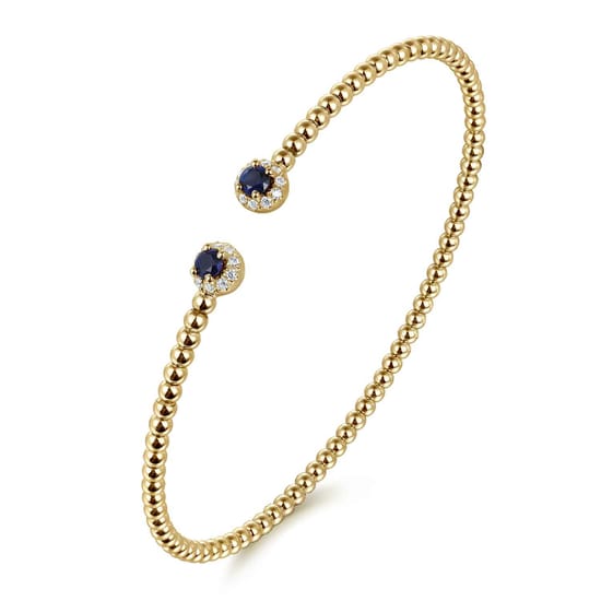 14K Yellow Gold Bujukan Bead Split Cuff Bracelet with Sapphire and Diamond angle 2