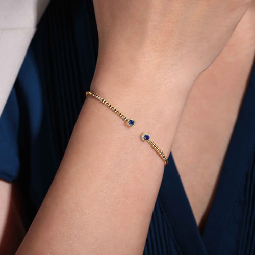 14K Yellow Gold Bujukan Bead Split Cuff Bracelet with Sapphire and Diamond